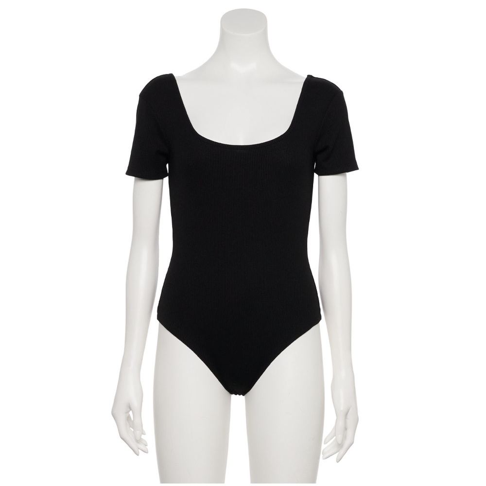 Nine West Black Rib Short Sleeve Squareneck Bodysuit - S